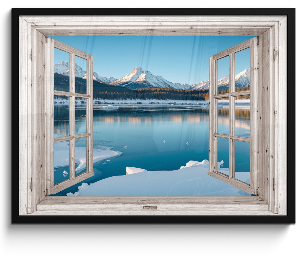 FrameYourWall Poster in lijst - Fotolijst 70x50 cm - Posters - Landschap - Winter - Meer - Bergen - Uitzicht - Doorkijk - Licht - Posterlijst zwart - Decoratie - Wanddecoratie woonkamer - Muurdecoratie slaapkamer