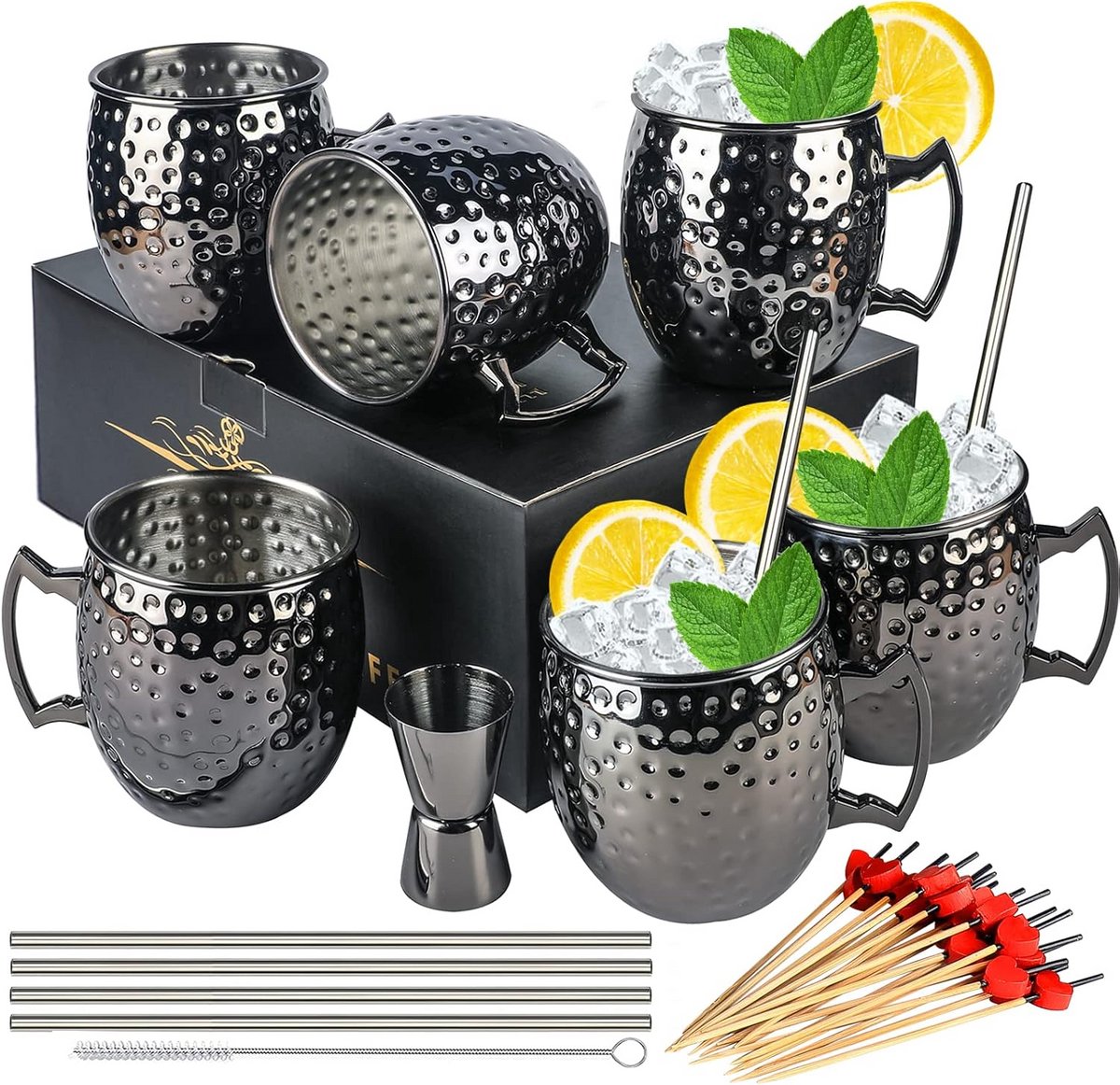 Set van 6 Zwarte Vergulde Roestvrijstalen Moscow Mule Mokken