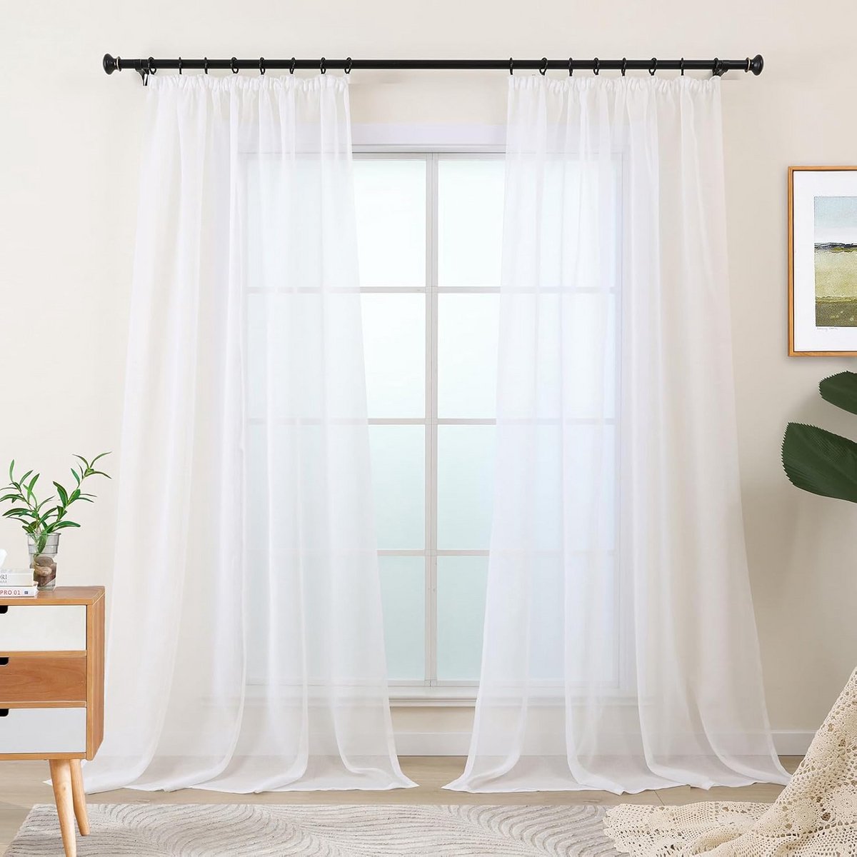 Vitrage Gordijnen Wit Transparant Linnenlook - Set van 2 - 245 cm Lengte