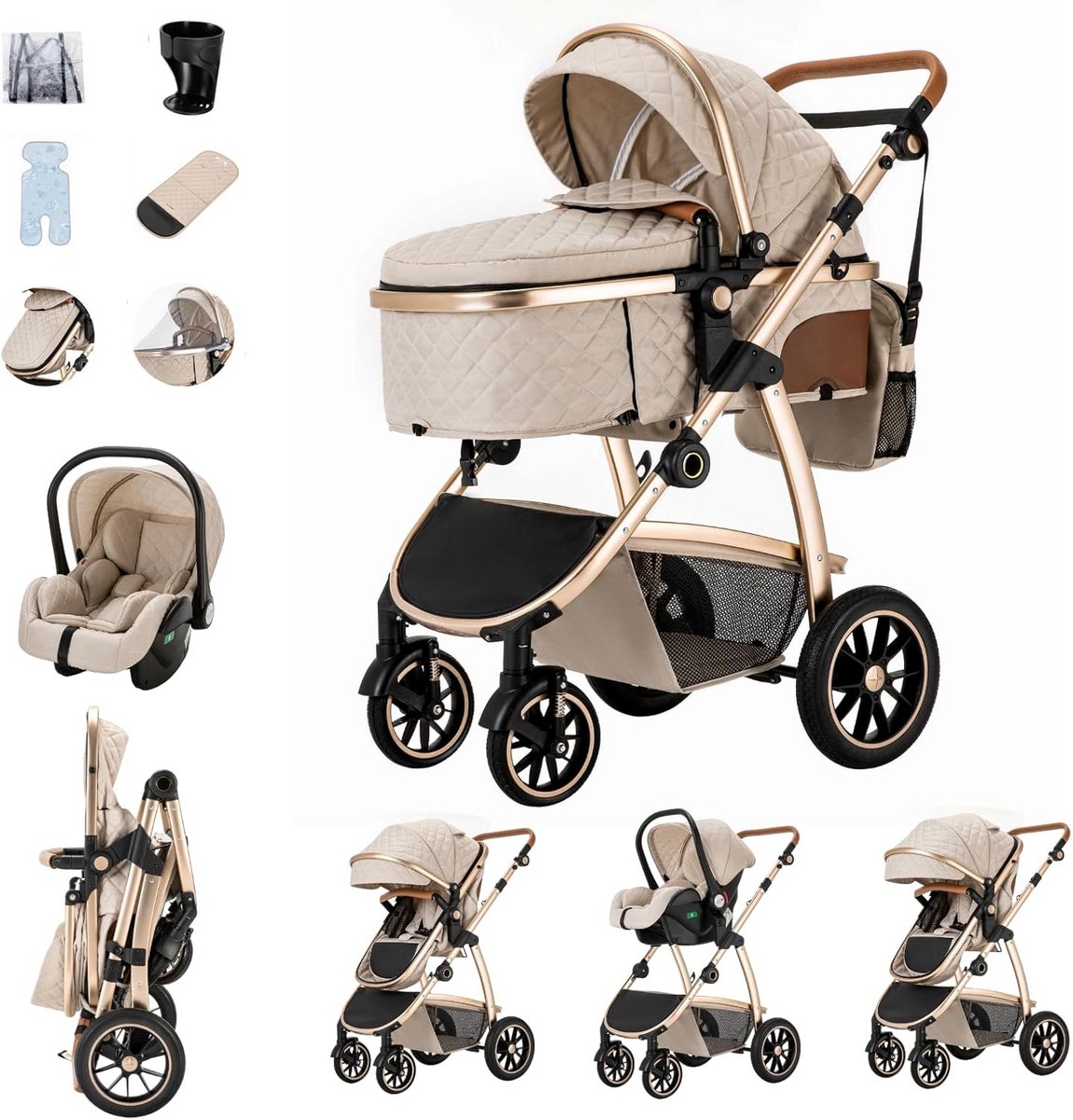 3-in-1 Kinderwagen Set met Autostoel, Wiegbak en Buggy - Compleet Reissysteem