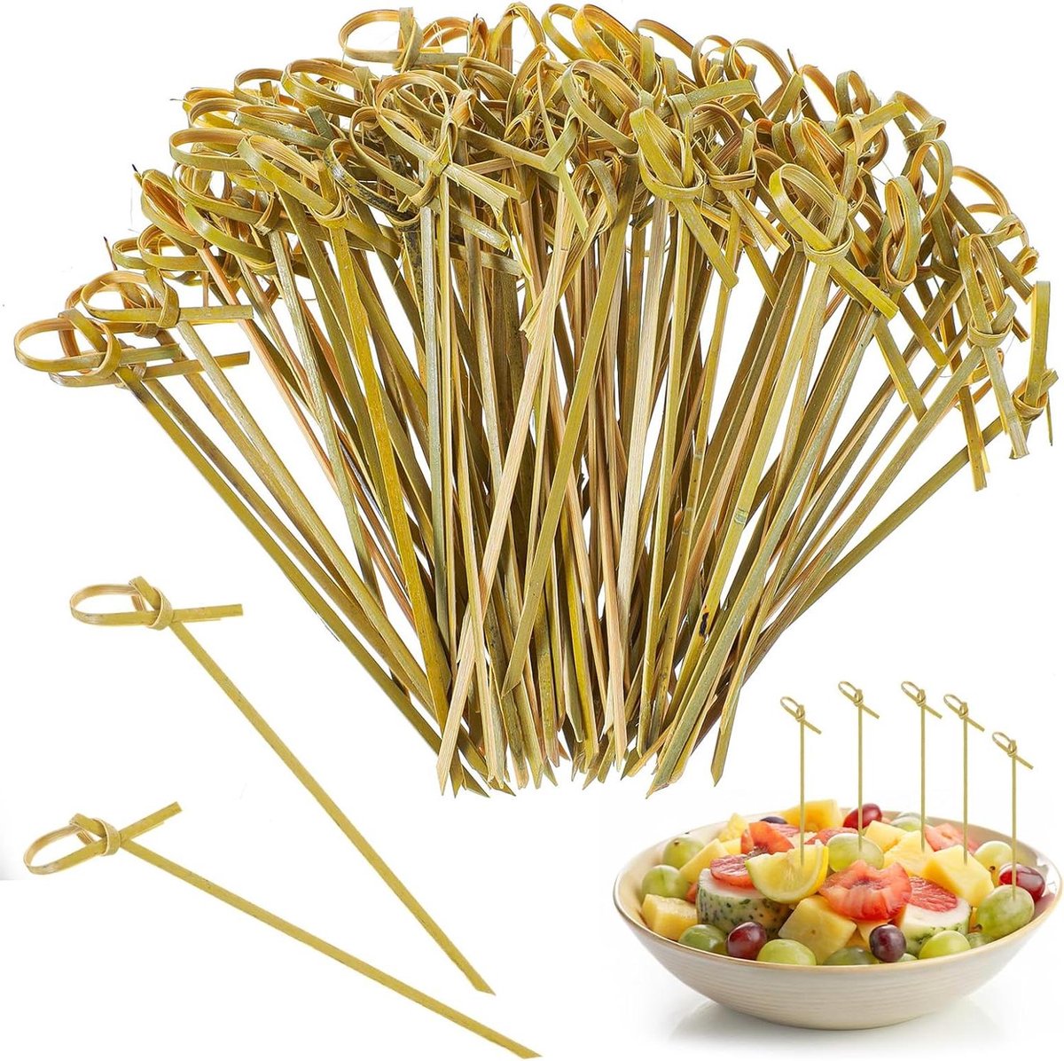 Spiesen van bamboehout, decoratieve knopen, 12 cm, fingerfood, cocktail, feestjes.