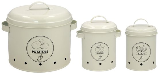 Lot de 3 bocaux/boîtes de conservation - oignon/ail/pommes de terre - métal - crème
