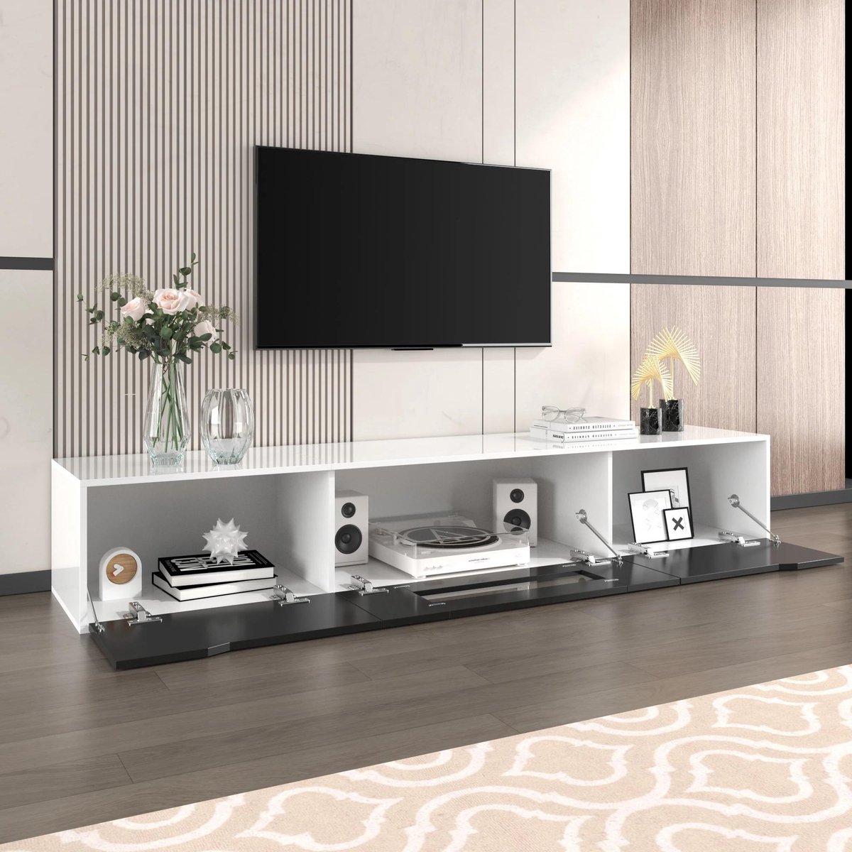 Moderne TV laag meubel met LED verlichting en diverse opbergvakken, zwart and wit premium - kamer - opslag - entertainment - thuisbioscoop - stijlvol - grote TV - woonkamer - zwart en wit - niet-merk.