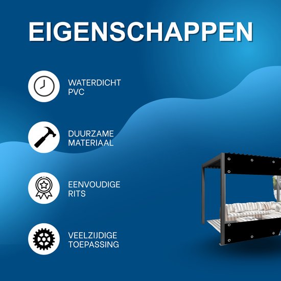 Eigenschappen van terasschermen: waterdicht PVC, duurzaam materiaal, rits, veelzijdige toepassing. Klein model pergola.