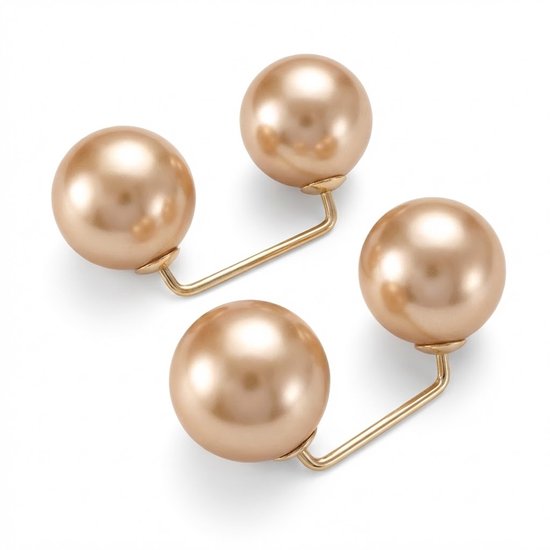 Ensemble de deux broches dorées, chacune avec deux grandes perles couleur champagne, isolées sur fond blanc.
