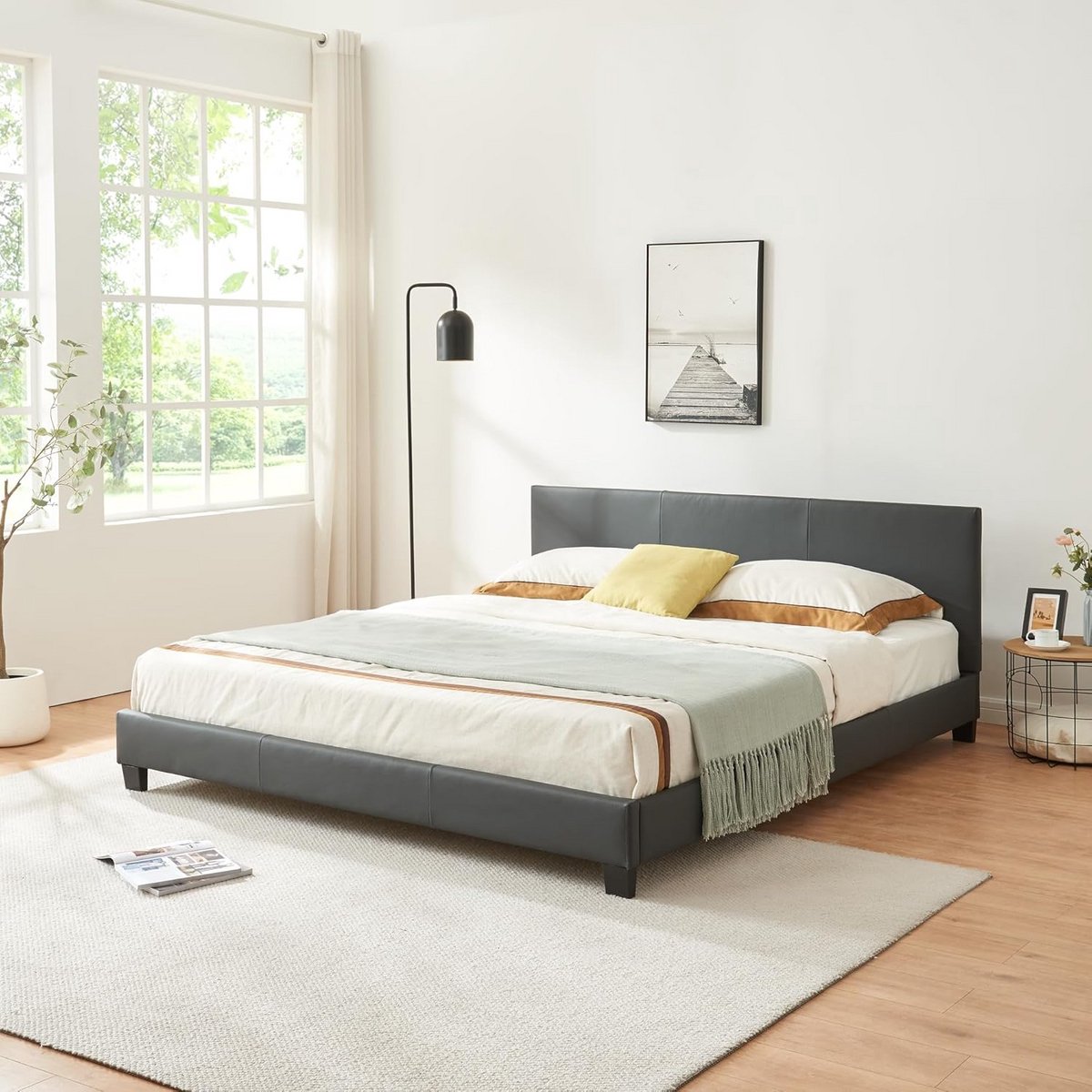 Tweepersoons bed houten frame kunstleer 180x200 cm donkergrijs incl. bedbodem