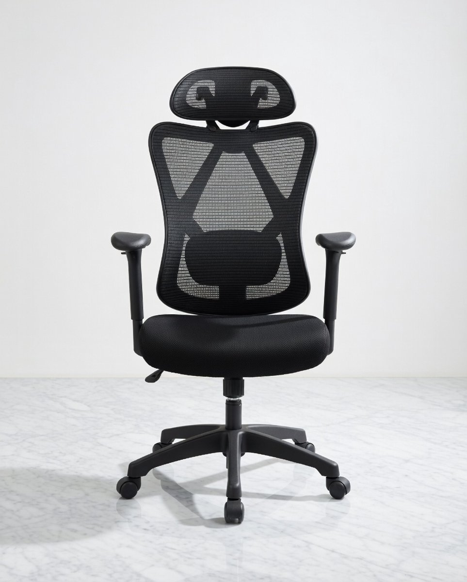 Ergonomische Bureaustoel Casa Serena - Verstelbare Computerstoel met Mesh Rug, Lendenkussen & Hoofdsteun, In hoogte Verstelbaar, 3 Hellingshoeken, voldoende Comfort, Zwart, Max. Laadvermogen 150kg ...