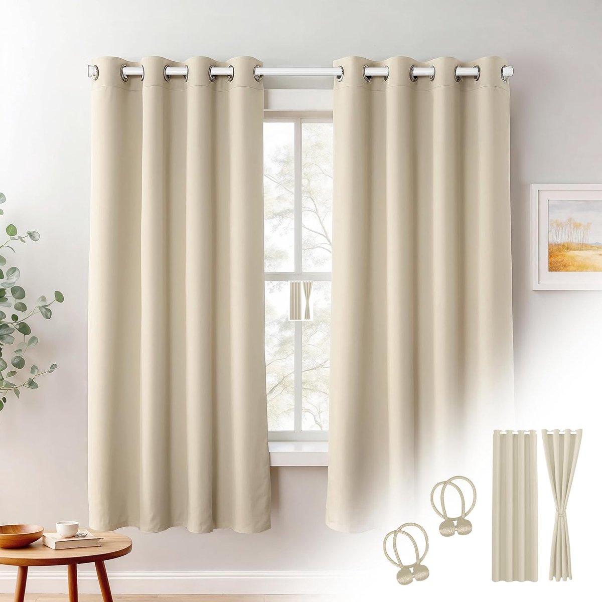 2x Verduisterende Thermogordijnen Beige Inclusief Magnetische Gordijnhouders - 100% Lichtd