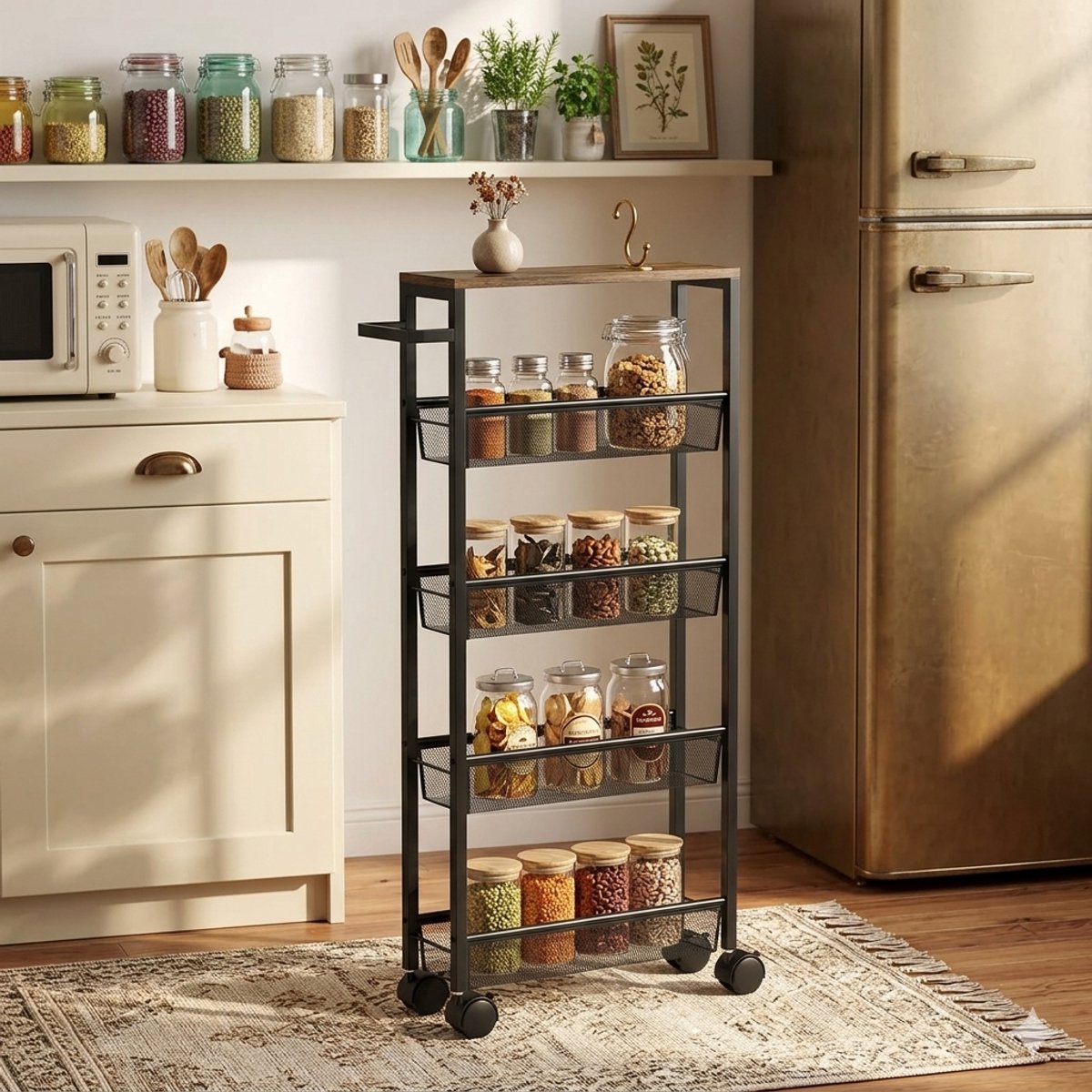 Keukenkar Serveerwagen met 5 Niveaus - Rollende Keukenplank met Werkblad - Zwenkwielen Handvat 47 x 13 x 96.5 cm, Zwart