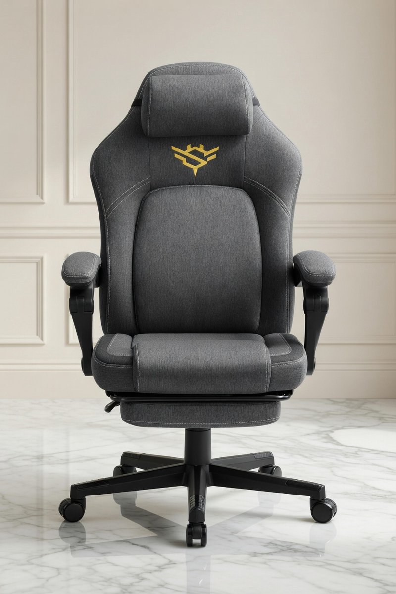 ErgoLuxe Prestige Gaming Bureaustoel met Voetensteun en Hoofdkussen – Ergonomisch Verstelbaar 90-135° – Katoen-Linnen Stof – Duifgrijs – 70x70x119-129 cm – Casa Serena – Casa Dorada