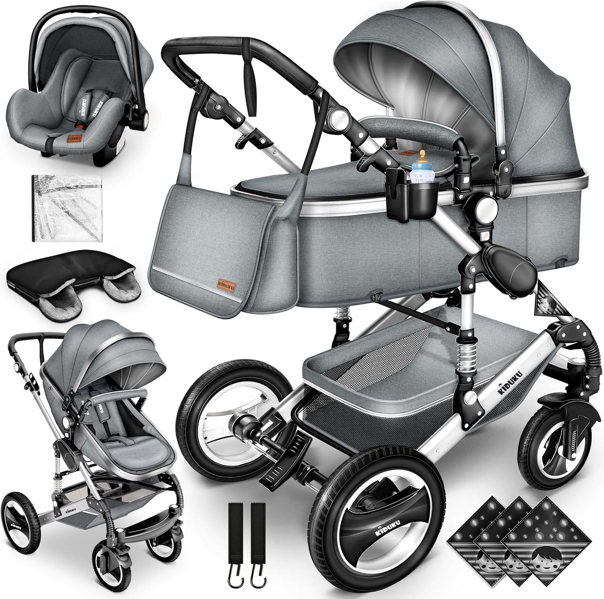3-in-1 Kinderwagen Compleet met Reiswieg, Buggy en Autostoel - Inclusief Rubberbanden en Accessoires