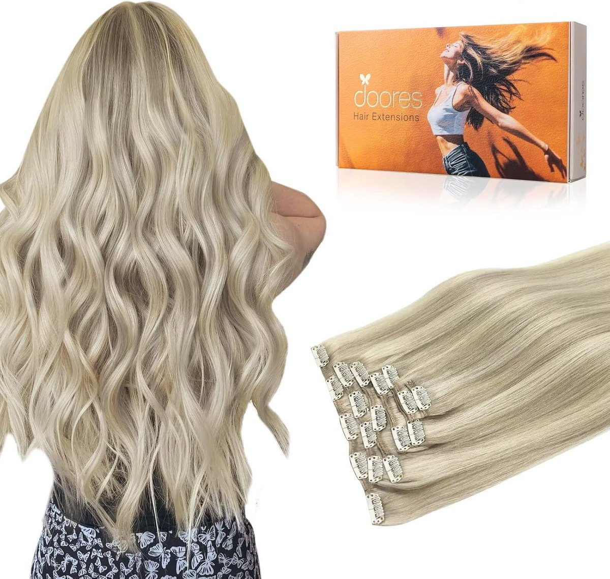 Echt Haar Clip-in Extensions 35 cm Platinablond highlights - 7 Delige Set 120g Remy Haar