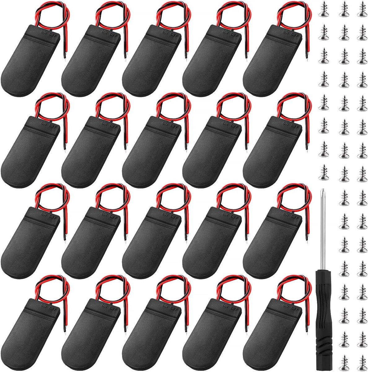 20x Batterijhouder CR2032 (2x3V) met AAN/UIT Schakelaar, Schroeven en Schroevendraaier
