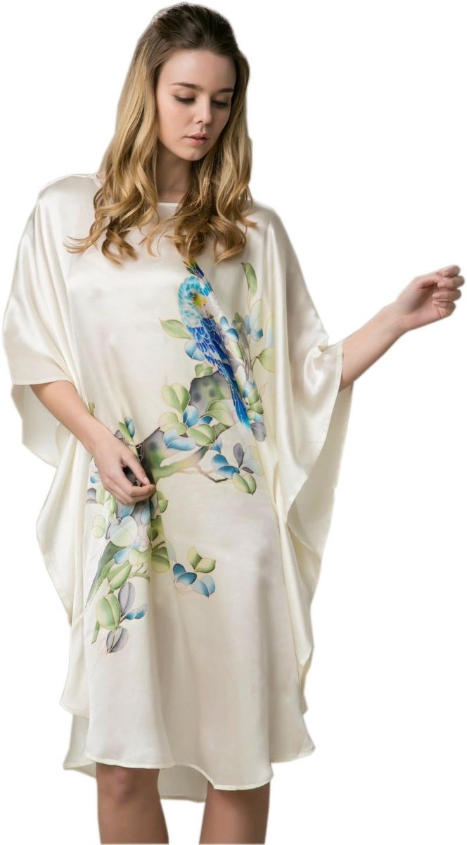 Zijden Kimono Nachtjapon - Huisjurk Poncho - Comfortabel Ontspannen - Handgeschilderd Aziatisch Design - Lengte 98cm - Multicolor