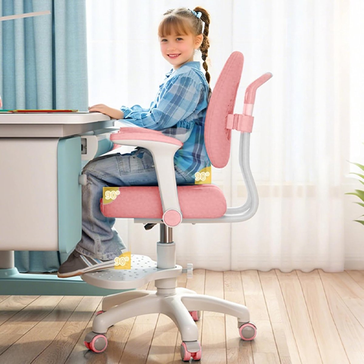 Kinderbureaustoel - Draaistoel Kinderen - Studie en Werk - Dubbele Rugsteun - 99cm Hoogte - Roze