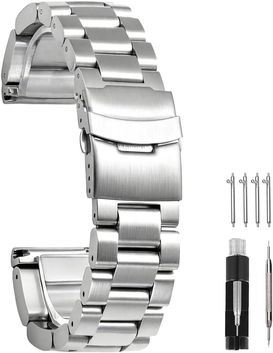 Horlogeband RVS - Metalen Band - Klassiek Uiterlijk - Verstelbare Lengte - 22mm 24mm 26mm - Zwart Zilver