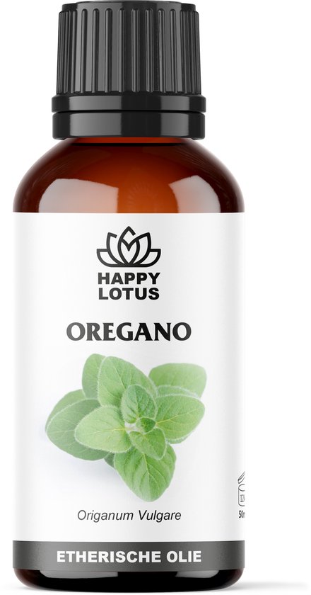 Fles Happy Lotus etherische oregano olie, 50 ml, met afbeelding van oregano blaadjes.