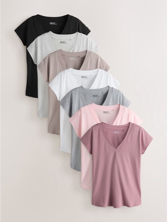 Set van 7 effen T-shirts in zwart, lichtgrijs, taupe, wit, grijs, lichtroze en roze.