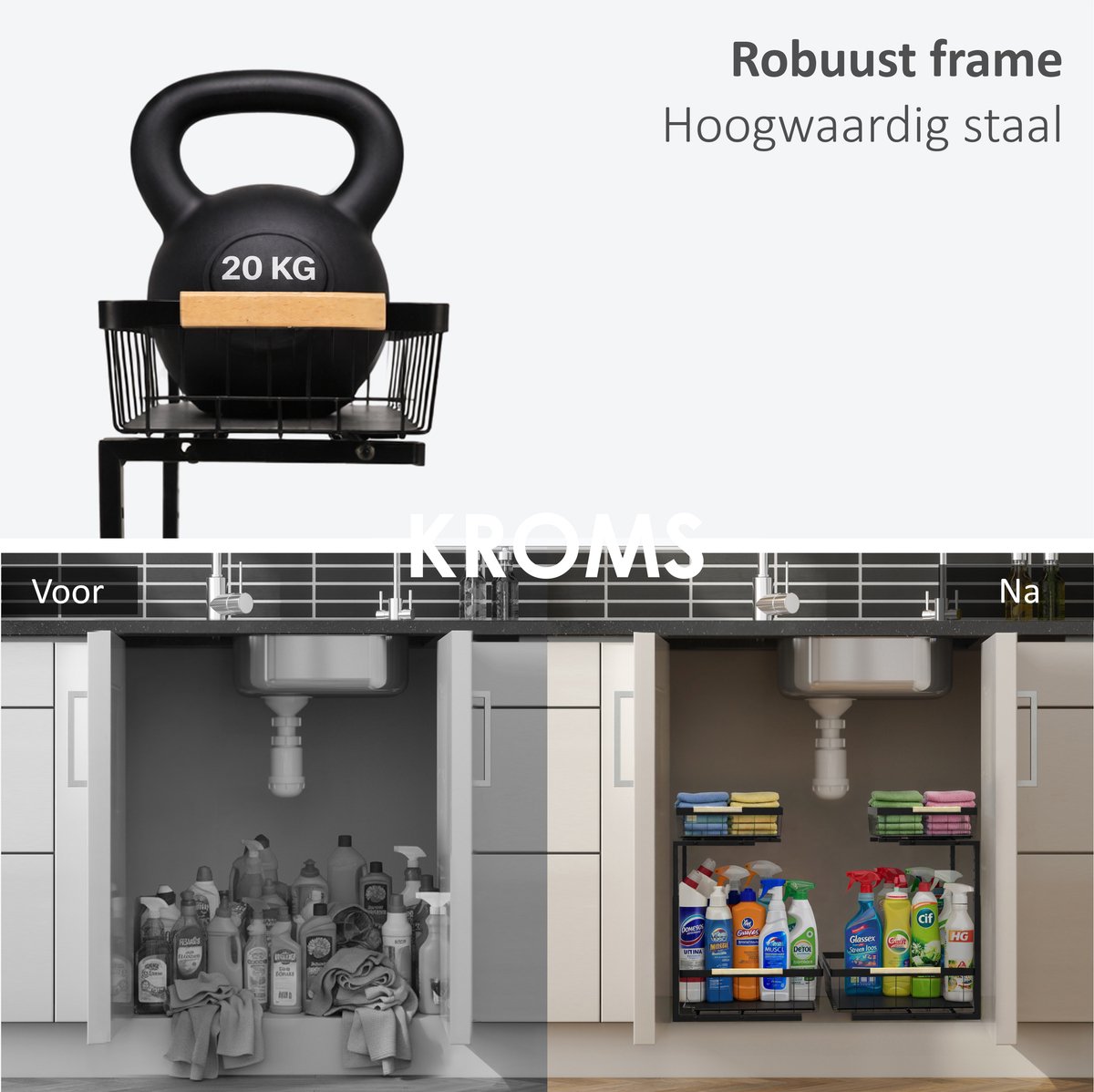 KROMS Gootsteenkast organizer zwart maat M – Verstelbaar 2-laags gootsteenrek – Extra sterk tot 20 kg – Badkamer & keukenkast organizer — cadeau in Cadeau-ideeën - foto 6