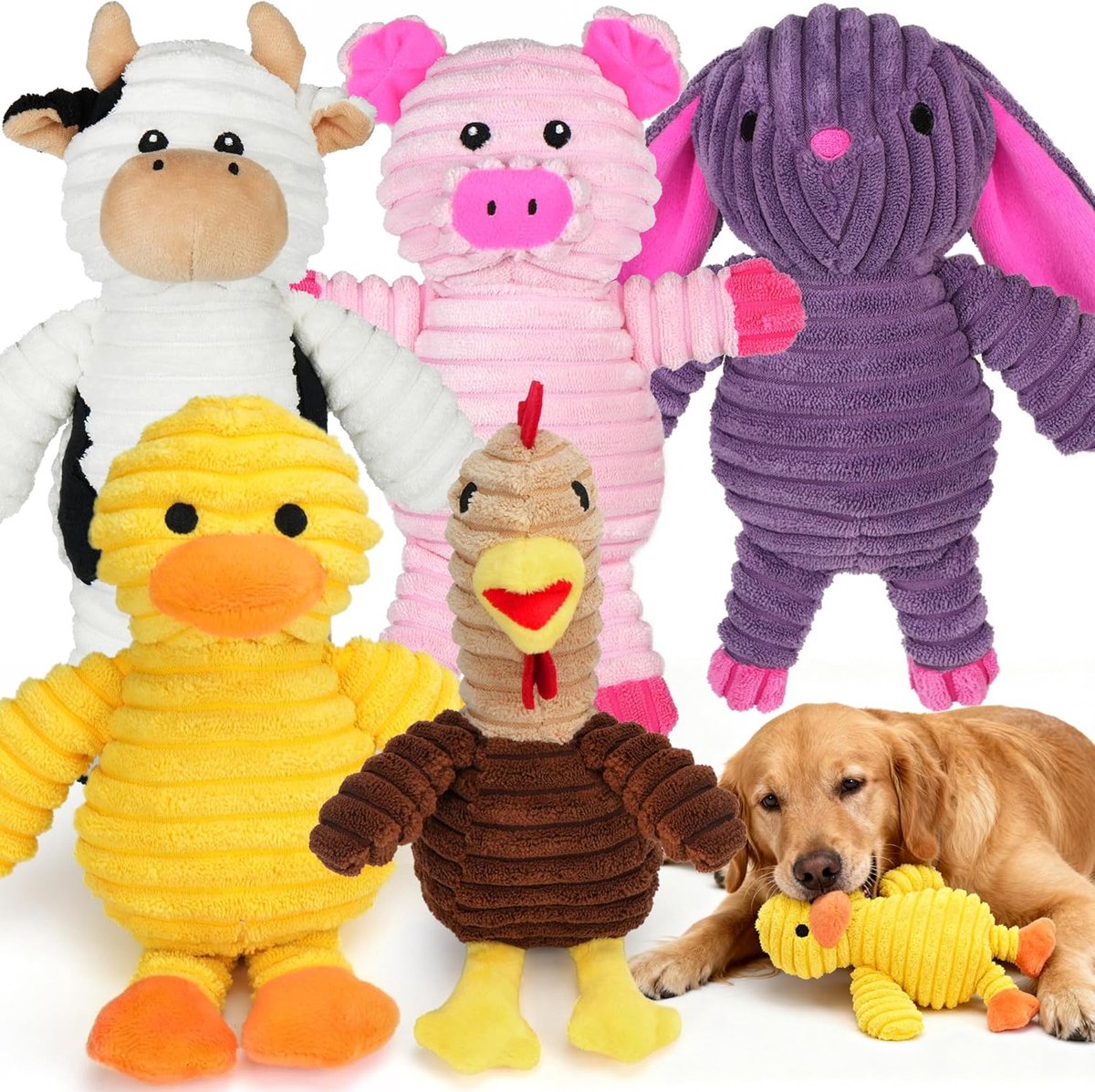 Hondenspeelgoed Pluche Dieren 5-Pack met Pieper | Kauwspeelgoed voor Kleine, Middelgrote & Grote Honden