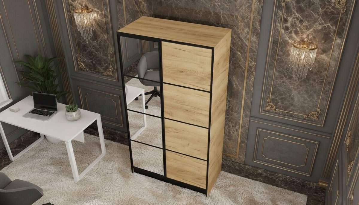 Kledingkast met Spiegel Casa Velluto EdenPro – Moderne 2-Deurs Schuifdeurkast voor Slaapkamer en Hal – Uitschuifbare Garderobe, 104,8x205x39cm – Eiken Craft, Laden en Planken Inclusief