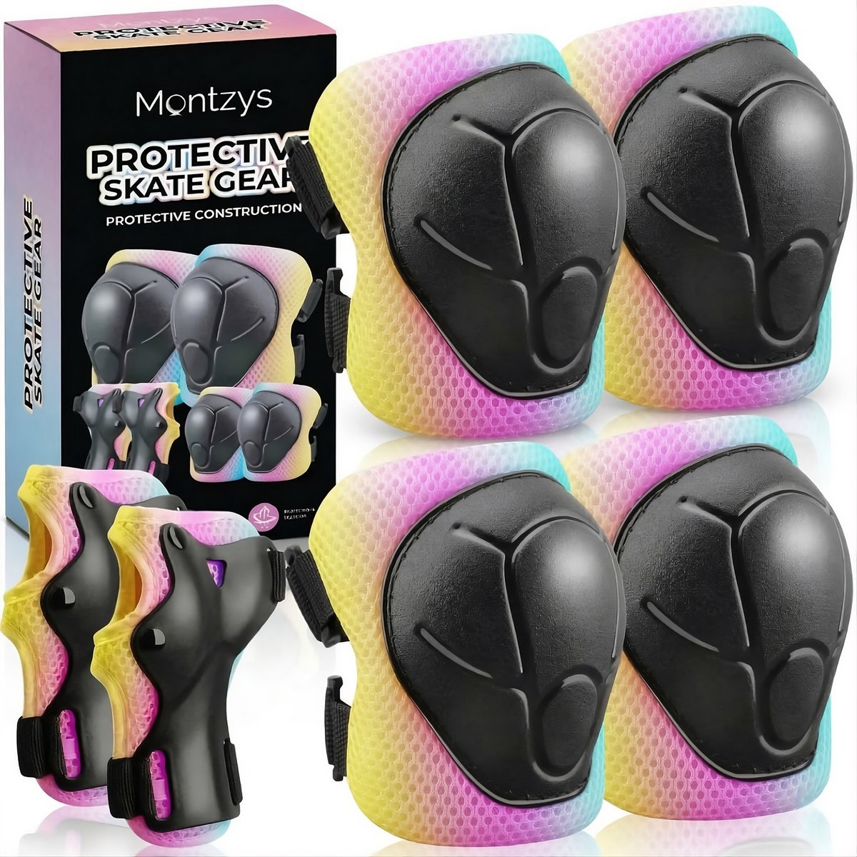 Montzys® Skate Beschermset Kinderen Skeeler Bescherming Multi Kniebeschermers & Polsbeschermers Kind & Volwassenen Multicolor