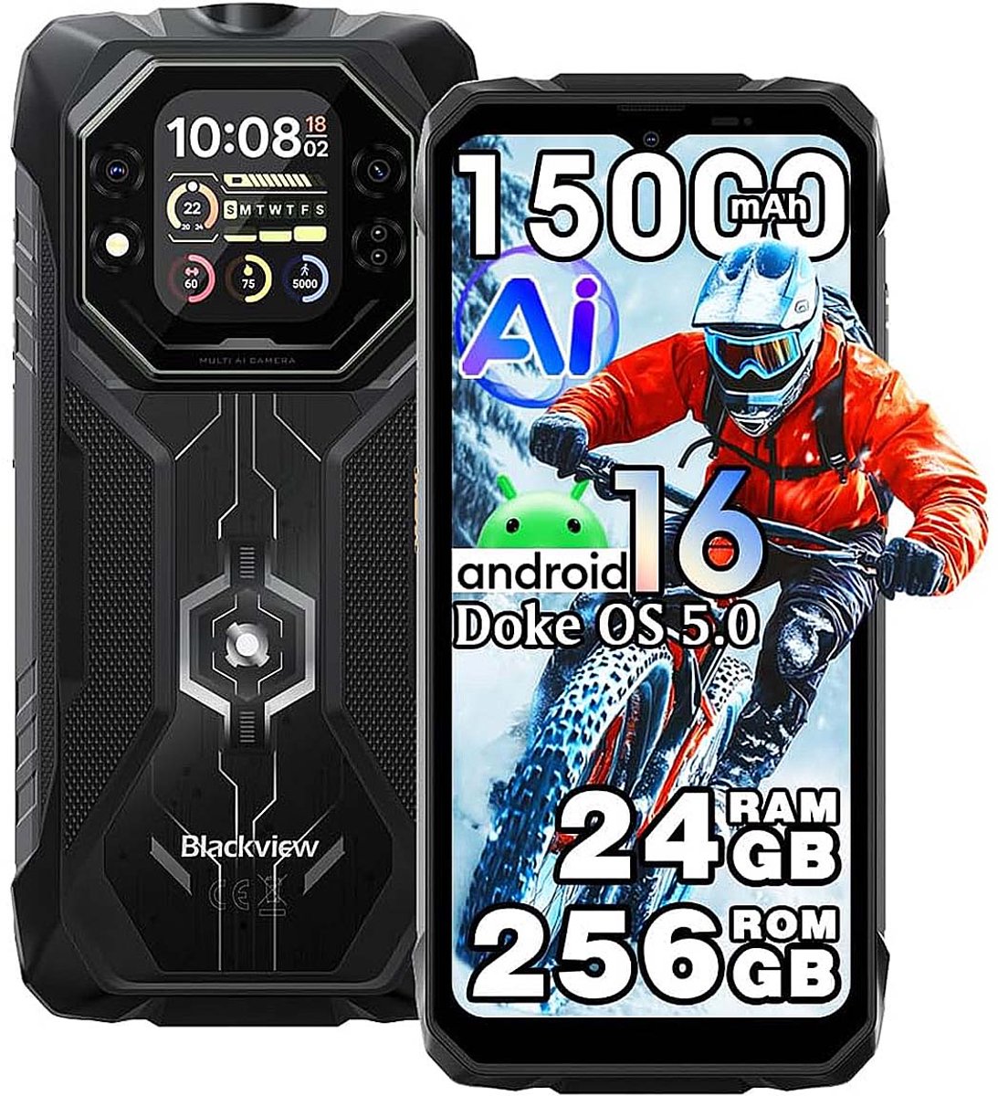 Blackview ROCK 1 Robuuste Smartphone - 24GB RAM - 256GB ROM - Android 16 - 15000mAh - Gemini AI Robuuste Telefoon - 6,56 inch - IP68/IP69K - 4G Dual SIM - NFC - OTG - GPS - Zwart