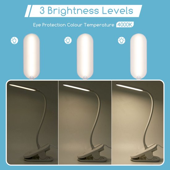 Aigostar Bureaulamp LED Dimbaar- Touch Control - 3 Helderheid - Verstelbare Leeslamp - Klemlamp - Leeslamp - Bedlamp - Wit van Aigostar — afbeelding 3