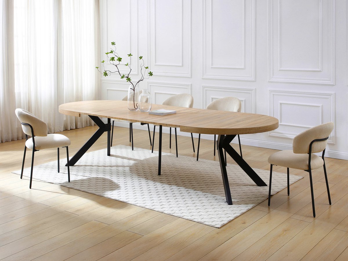 Uitschuifbare Eettafel 150–300 x 120 x 76 cm – Ovale Eettafel met 3 Verlengstukken voor 6-12 Personen – MDF Tafelblad met Stalen Poten – Modern Design – Zwart / Licht Natuurlijk – KOMONI – Abkantoor