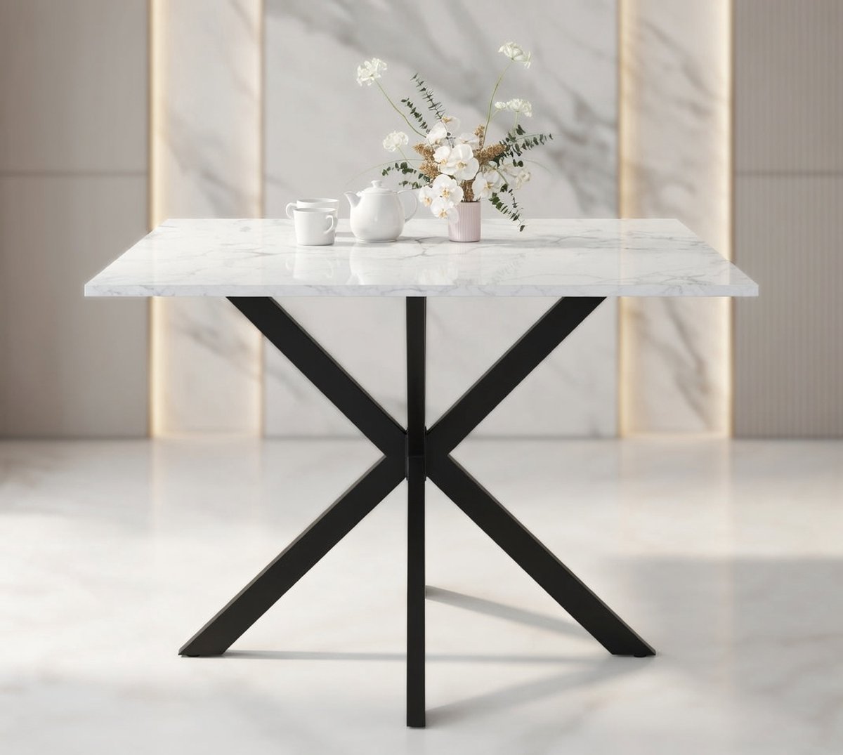 ALASKA Luxe Rechthoekige Eettafel - 110 cm - 4-6 Personen - Zwart Metalen Frame met Marmeren Look Blad - Moderne Tafel voor Woonkamer, Keuken en Eetkamer Casa Serena