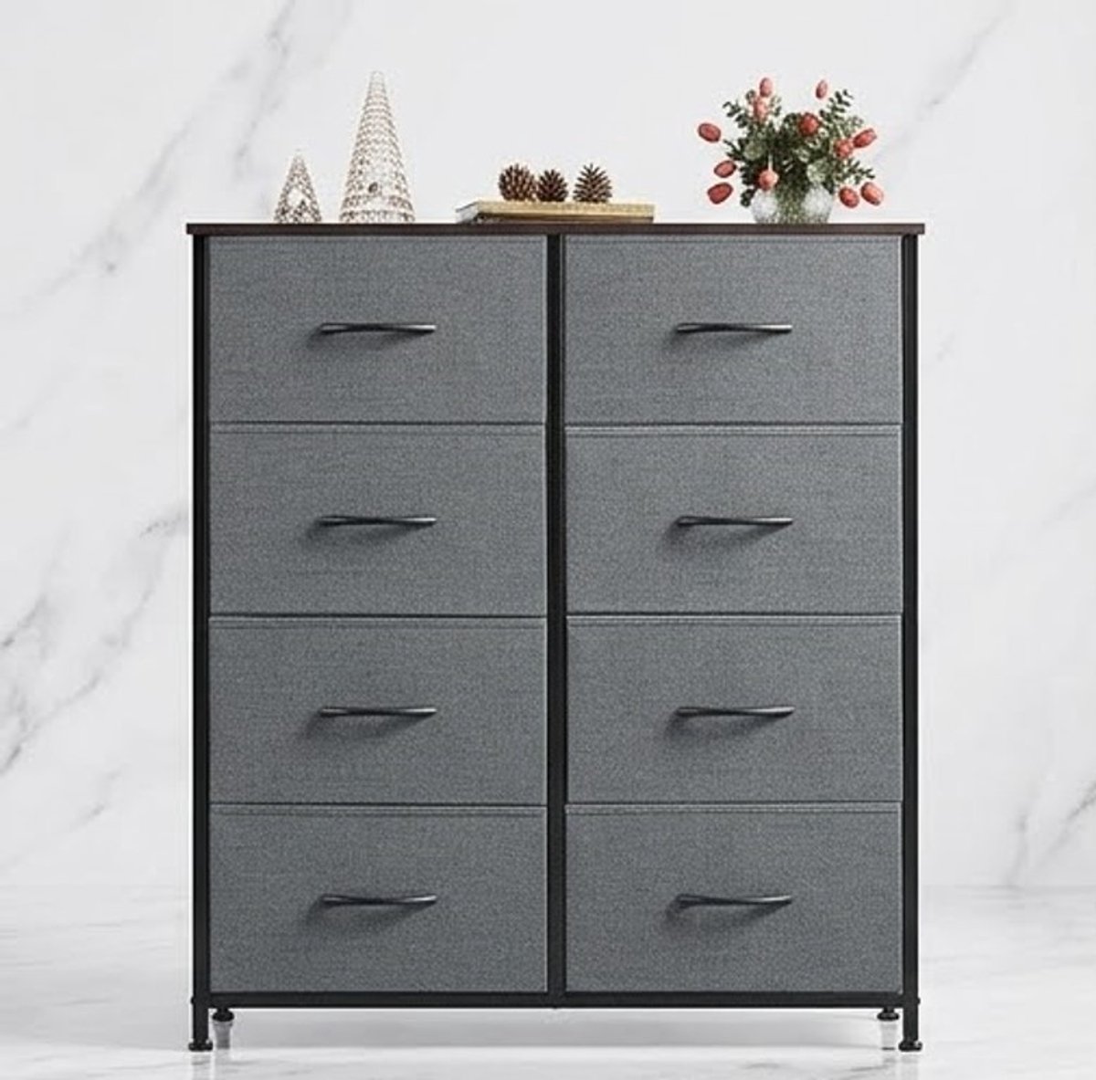 SerenaHome Luxe ladekast met 8 stoffen laden 80,5 cm - Donkergrijs - Industriële ladekast met stalen frame en houten kast - Opbergkast voor slaapkamer, woonkamer en bed - Casa Serena – 80,5 cm – Ca...