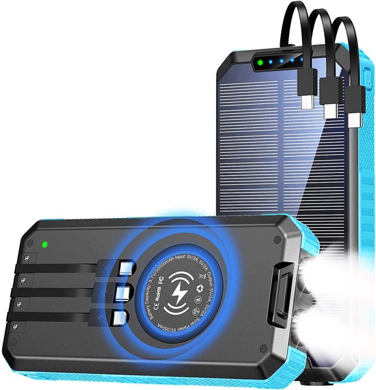 Solar Powerbank 30.000 mAh met Ingebouwde Kabels en - Solar - €44,95