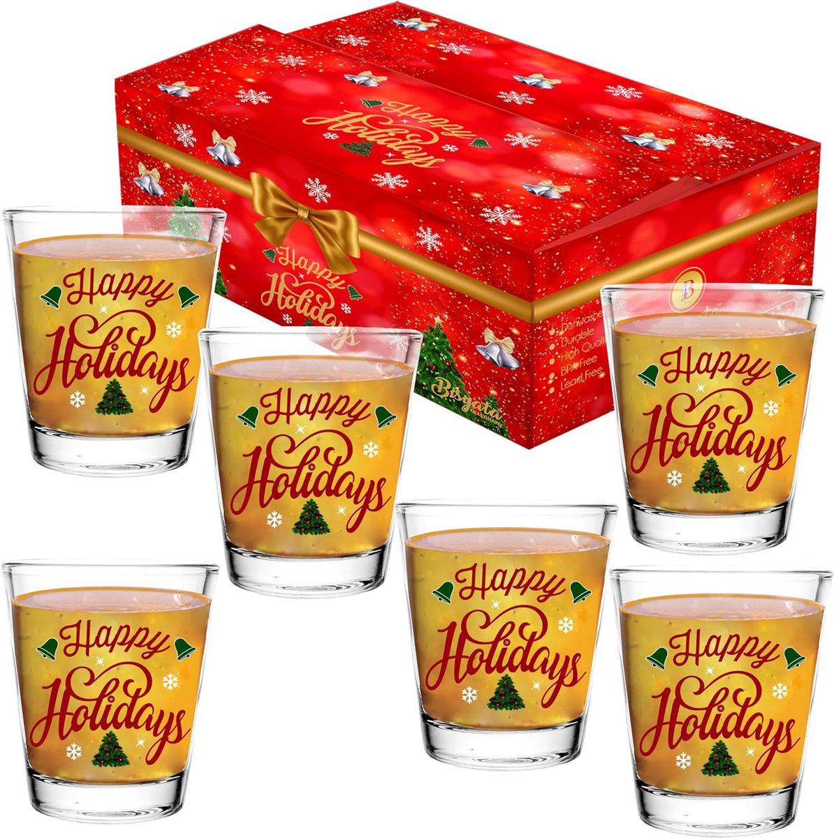 Set van 6 Kerst Shotglaasjes 'Happy Holidays' - Cadeauset met Geschenkdoos