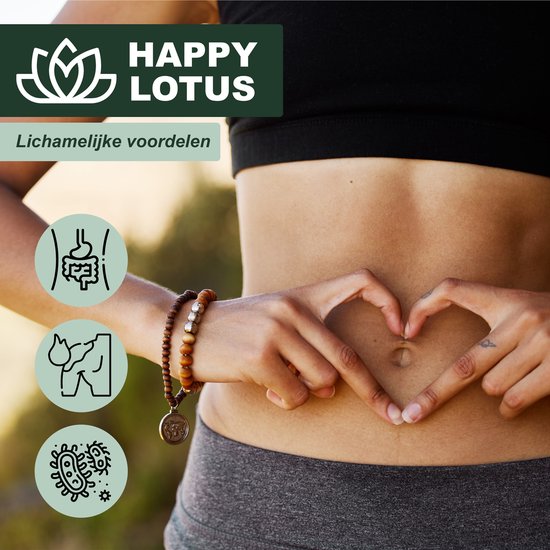 Buik van een vrouw met hartvormige handen rond navel. Iconen van darmen, bil en bacteriën.