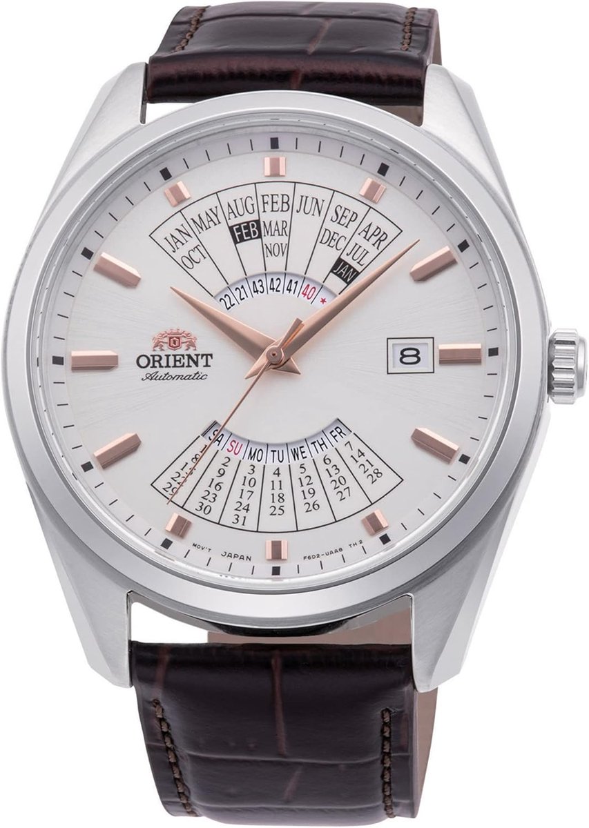 Mechanisch Herenhorloge met Jaarcalendarium, Automatisch en Handmatig Opwindbaar, Witte Leren Band