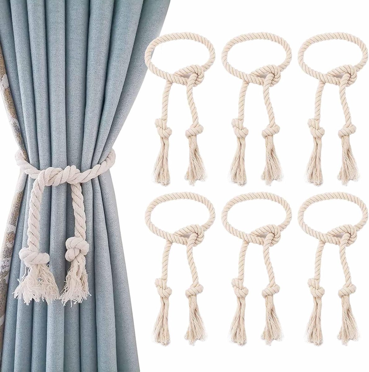 Famanu – 6 stuks gordijnhouders voor gordijnen - 75 cm - van gevlochten henneptouw - beige - embrasses met kwast - voor gordijnen - gordijnhouders voor thuis - kantoor - hotelramen