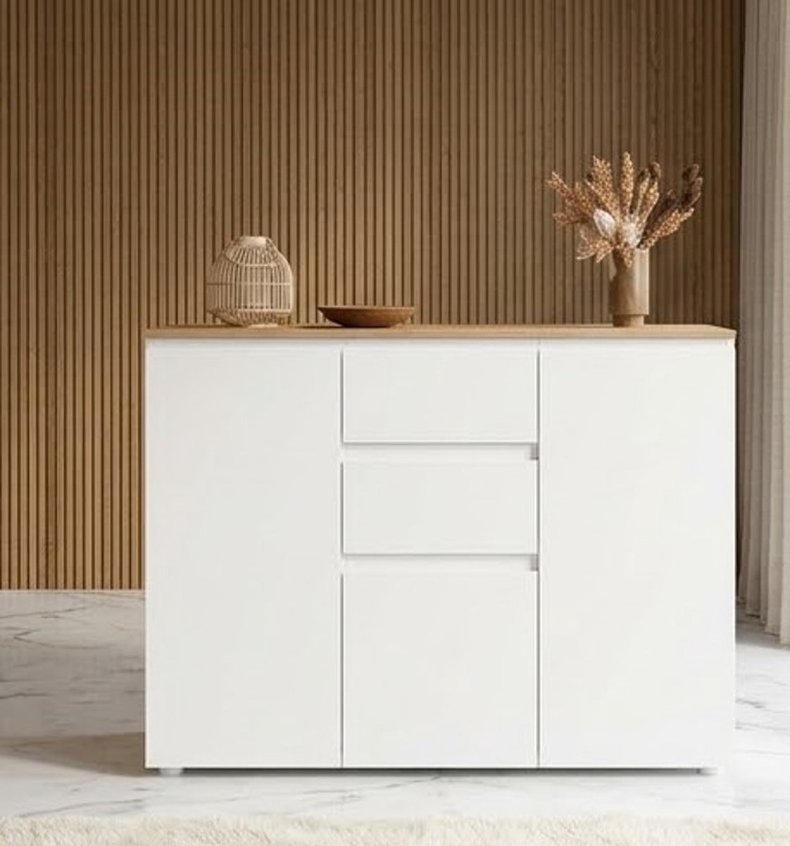 Oslo Dressoir 100 cm met 3 Deuren en 2 Winkels – Wit met Houten Bovenblad – Modern Scandinavisch Design - Casa Serena