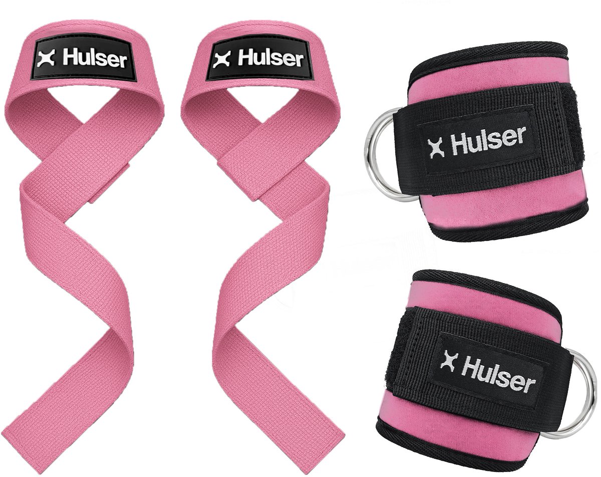 Hulser Sportieve bundel - 2 Ankle strap en 2 Lifting straps - Roze - Enkel straps - Enkelband Cuff - Wrist wraps - Gym Lifting grips - Soft hooks - Krachttraining & Lifting