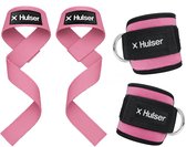 Hulser Sportieve bundel - 2 Ankle strap en 2 Lifting straps - Roze - Enkel straps - Enkelband Cuff - Wrist wraps - Gym Lifting grips - Soft hooks - Krachttraining & Lifting