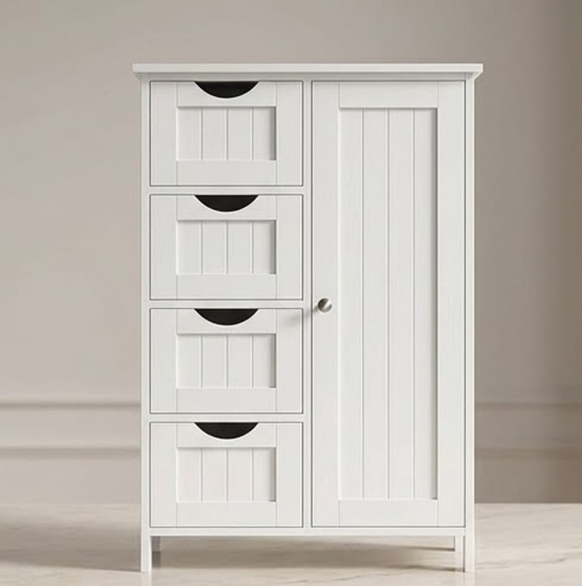 Serena badkamerkast, smalle badkamerkast, bijzettafel, ladekast met 4 lades, kastdeur, ver