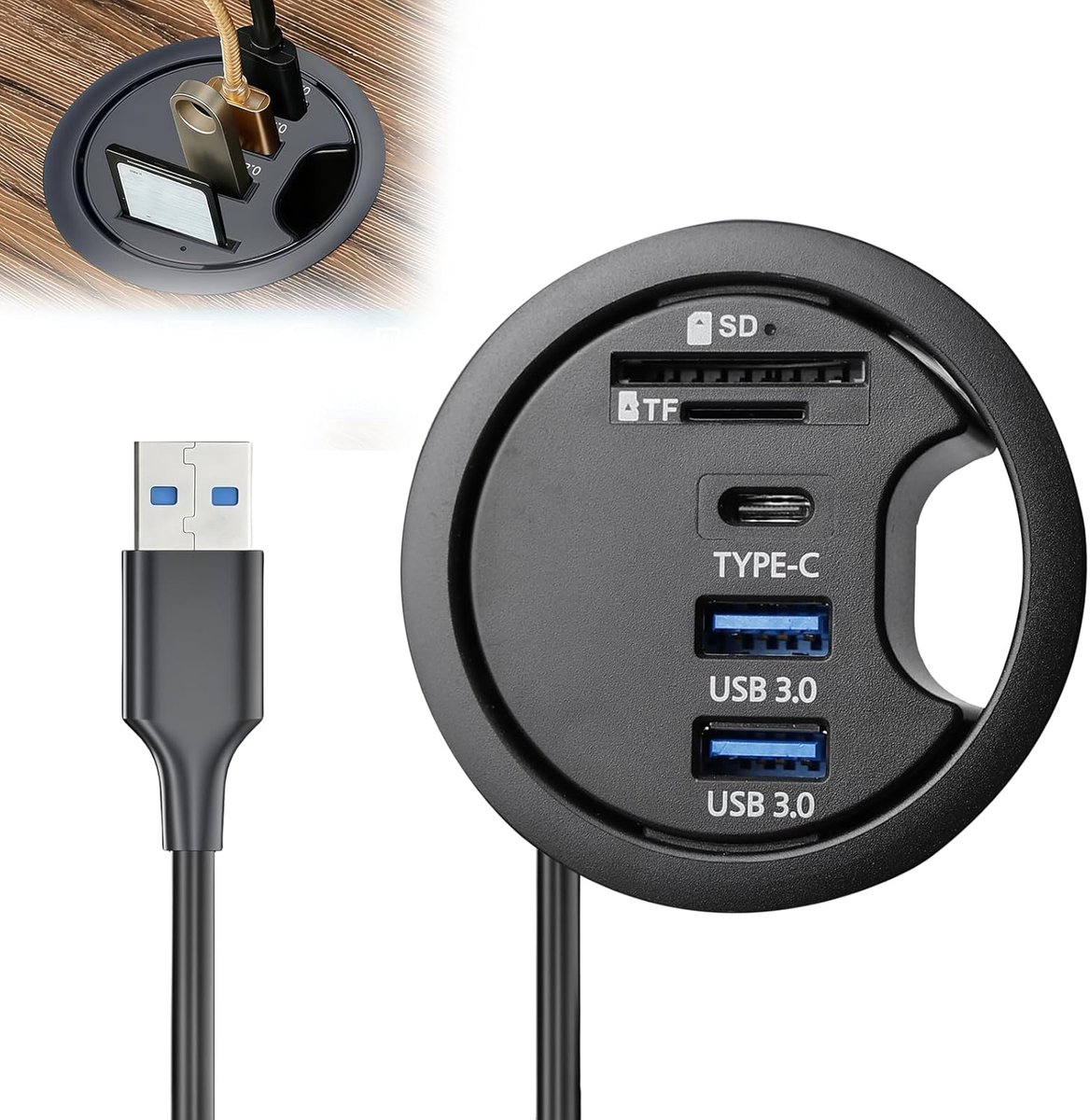 Inbouw USB 3.0 Hub met SD/TF Kaartlezer - Bureau Doorvoerstation met USB-C en 2x USB-A