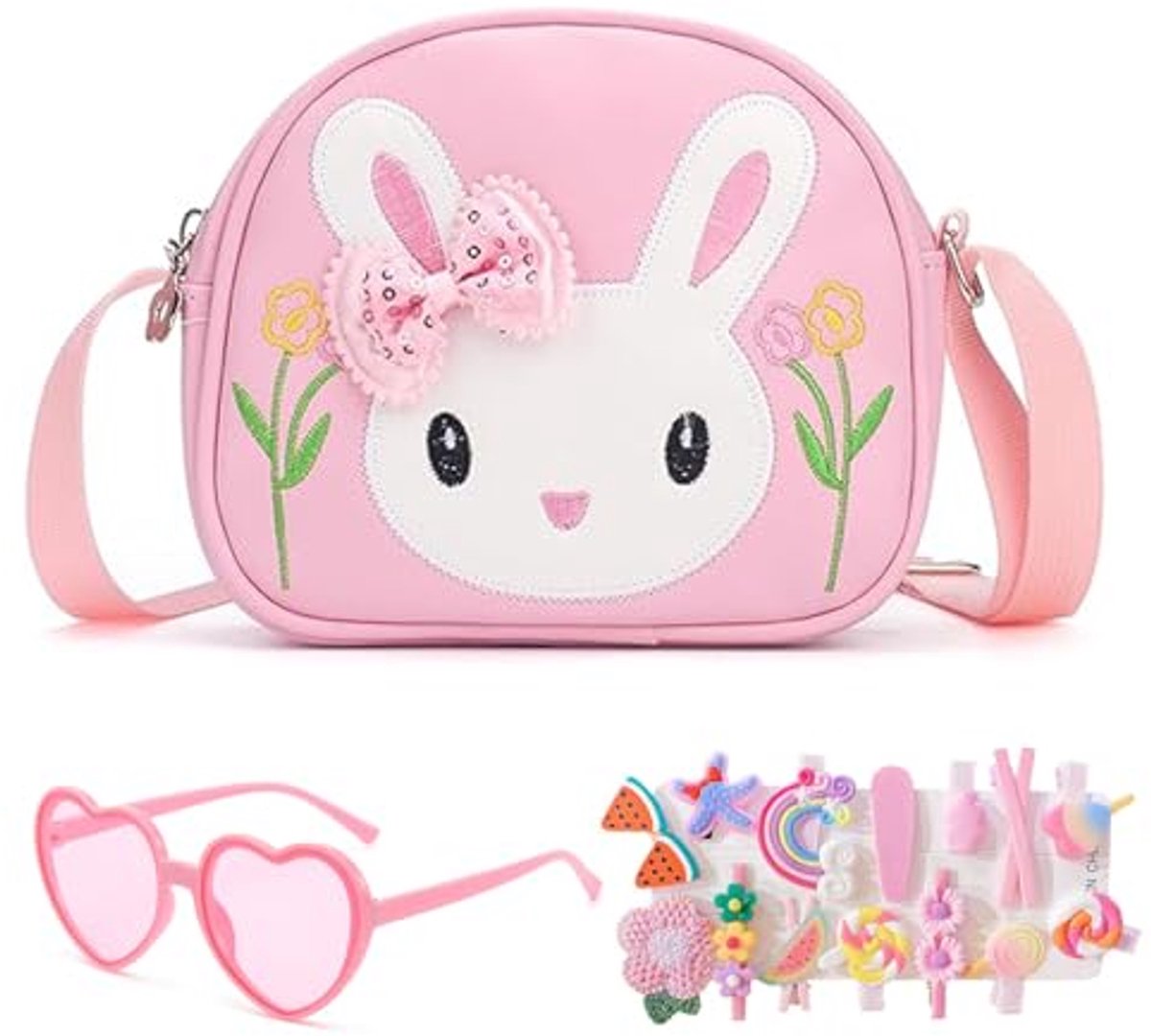 Ultiluxe® Meisjes Handtas - Konijnen Tas - Kinder Handtas - 17 x 15 x 5 cm - Met Bril En Haarclips - Verstelbare Schouderband - Roze