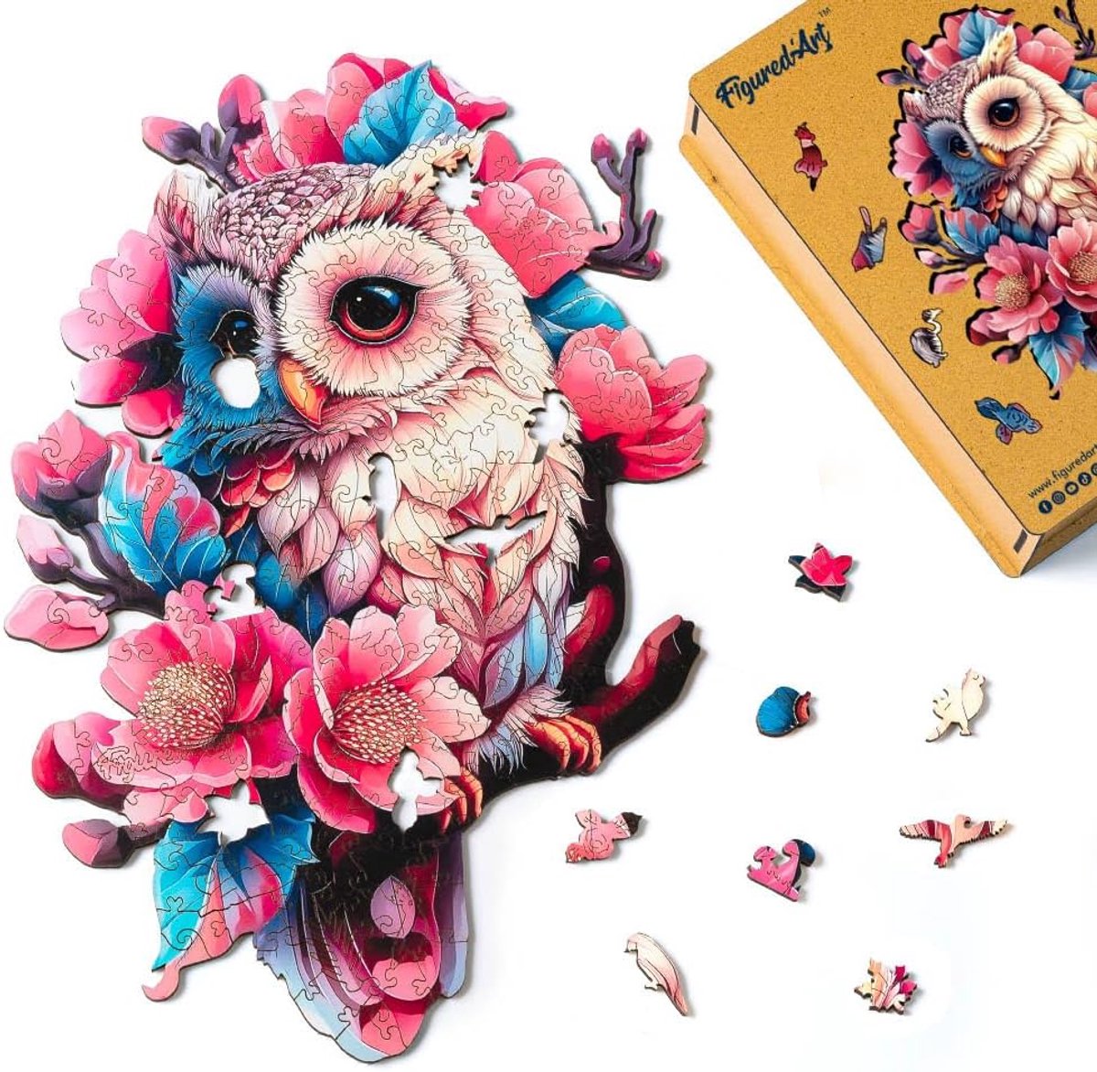 Houten Legpuzzel 200 Stukjes - Dieren Uil en Bloemen - Unieke Vormen - Inclusief Luxe Houten Geschenkkist