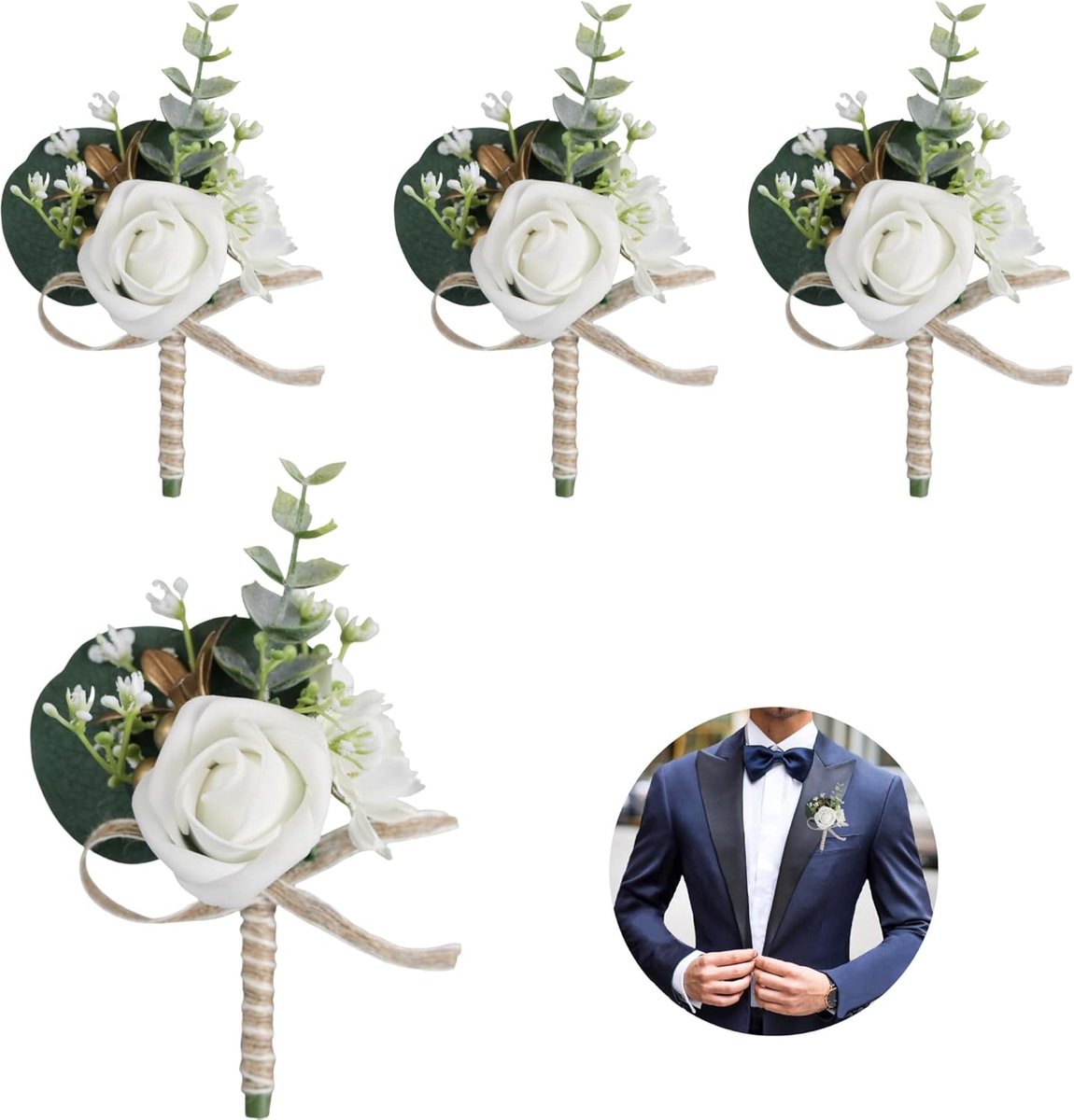 4x Witte Kunstbloemen Corsage Knoopsgatbloem Bruiloft en Feest Accessoire