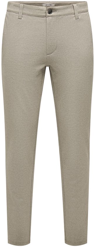Voorkant van een beige chino met knoopsluiting en riemlussen. Merklabel 'ONLY & SONS'.