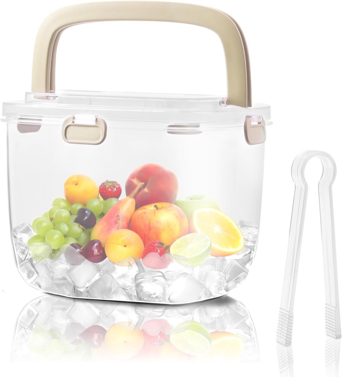Draagbare ijsemmer met deksel en ijstang, geschikt voor kamperen en gebruik in de vriezer; plastic ijsbox voor in de vriezer, geschikt voor whisky-, wijn- en cocktailfeesten; grote ijsblokjesvorm; ijsbad (beige).