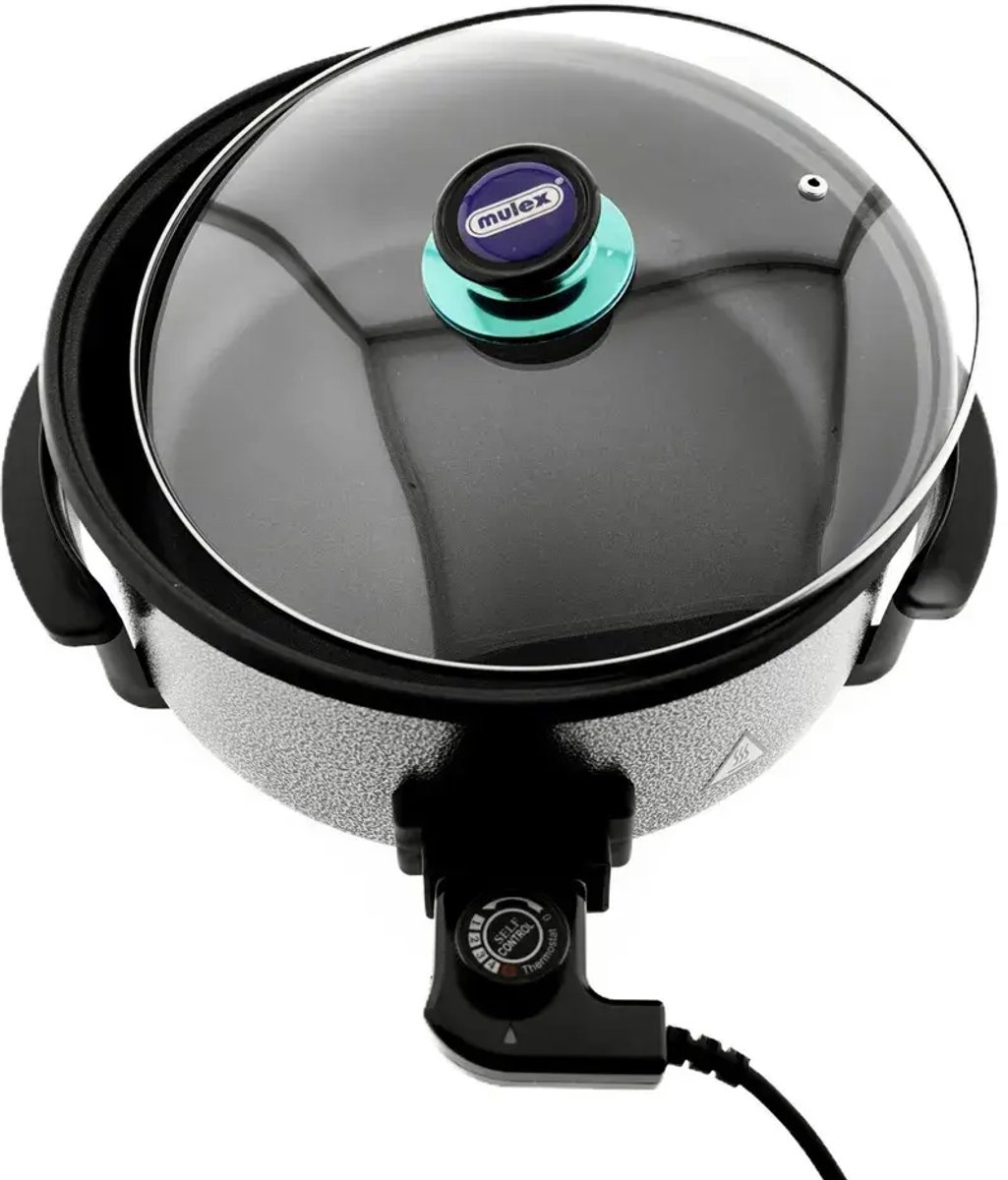 Mulex - Gietijzeren pizzapan - 42/11 cm - 1500W - zwart - met glazen deksel en thermostaat