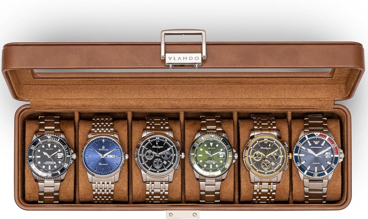 Horlogebox Heren - Horloge Opslag - Veilig Opbergen - Afsluitbaar Glazen Deksel - 6 Horloges - Bruin