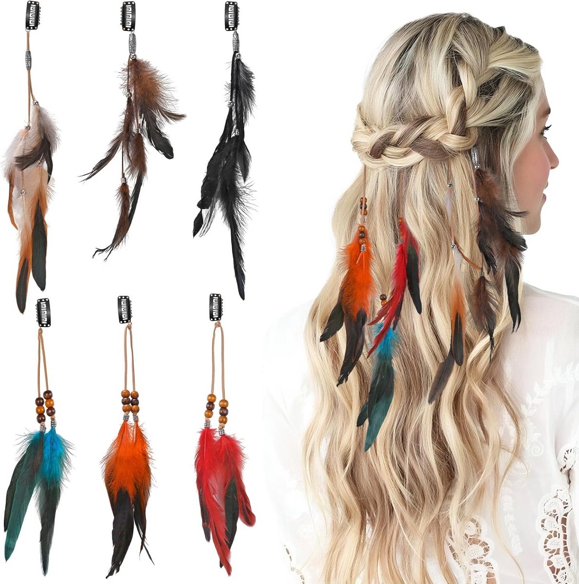 Veren Haarclips - Boho Accessoires - Feestelijk Kapsel - Handgemaakt Uniek - 6 Stuks - Gekleurd