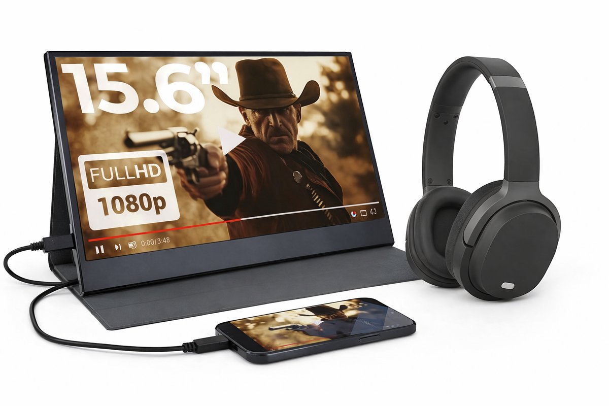 Portable Monitor + Over Ear Koptelefoon - Games / Presentaties / Smartphone / Laptop - Full HD - 15.6" - Draagbare Monitor Scherm - Inclusief AUX / HDMI / Lederen Hoes / USB-C